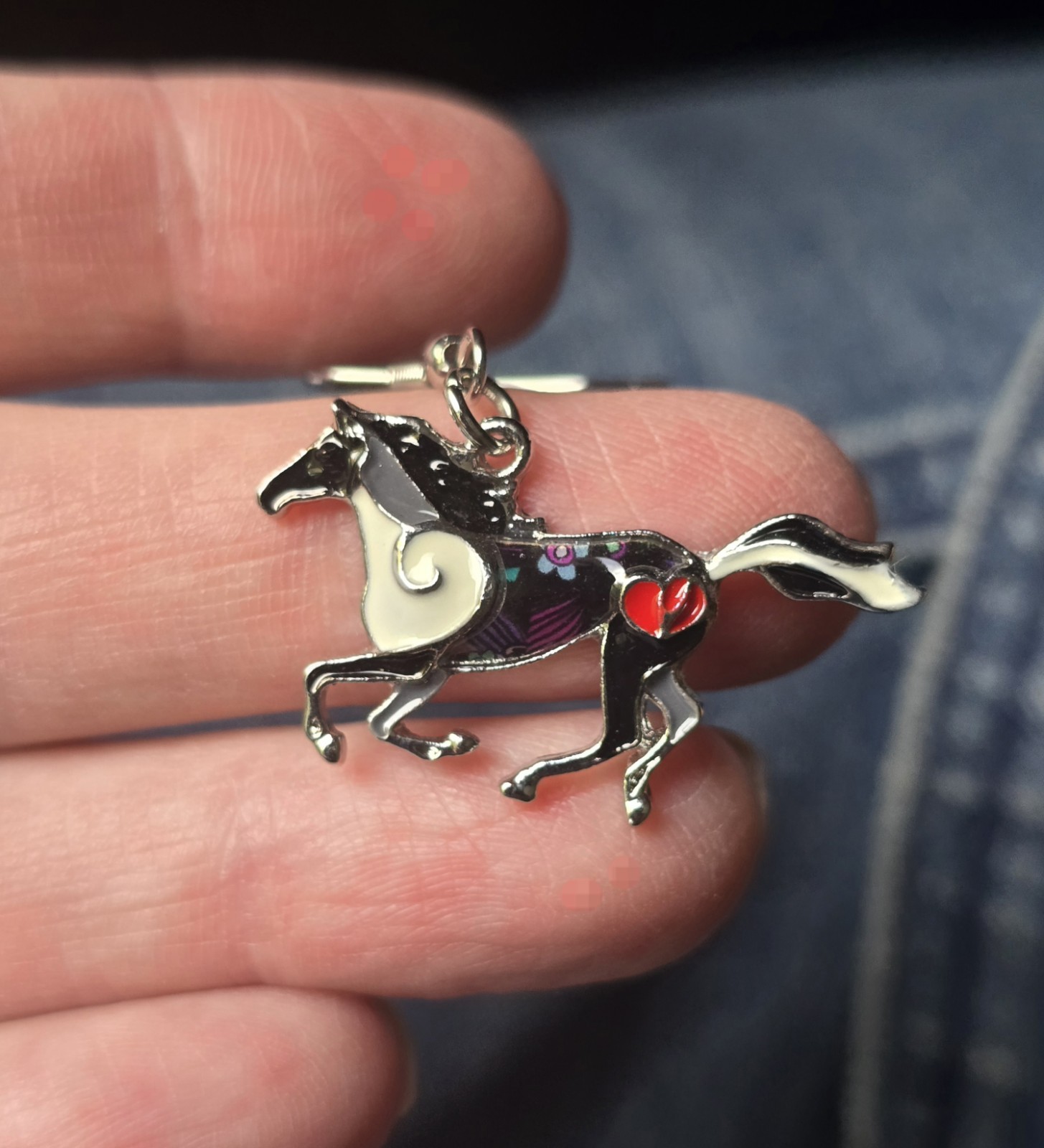 Horse Earrings Dangle Black, white, gray silver-tone. Equestrian gift, Western