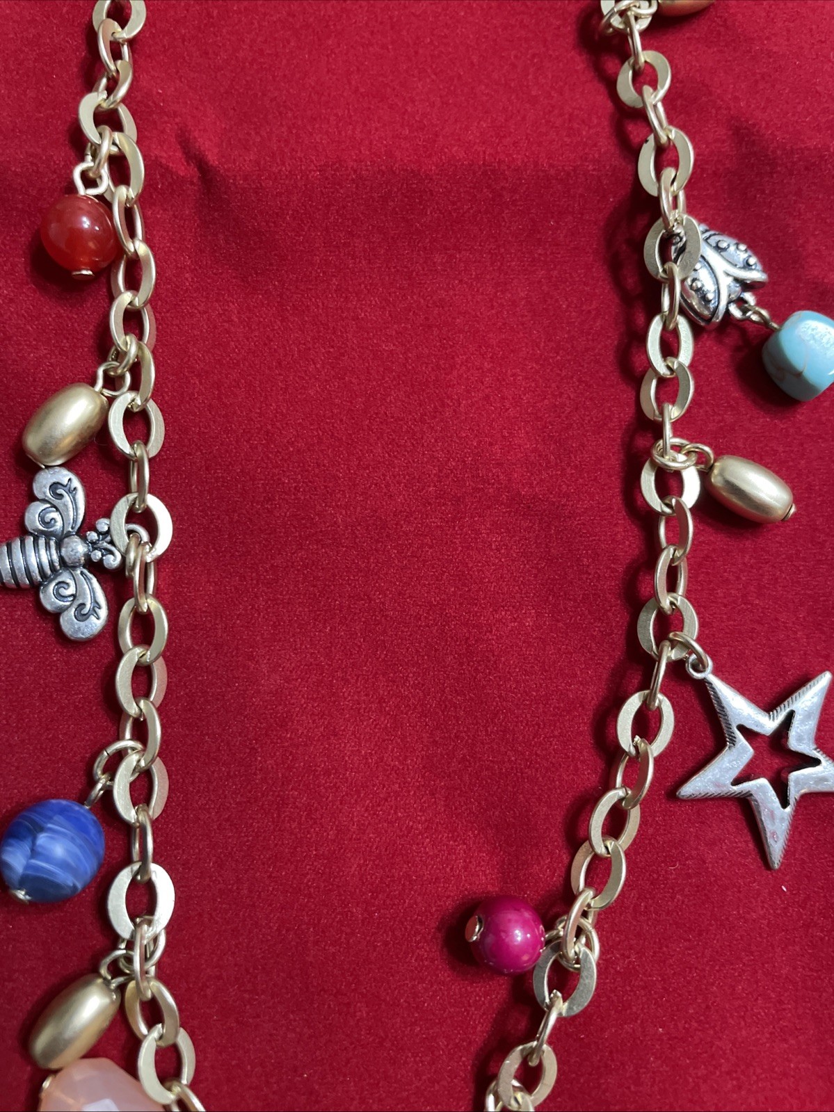 CHICOS Gold Tone Chain Necklace Varied Charms Heart 34″ Long New
