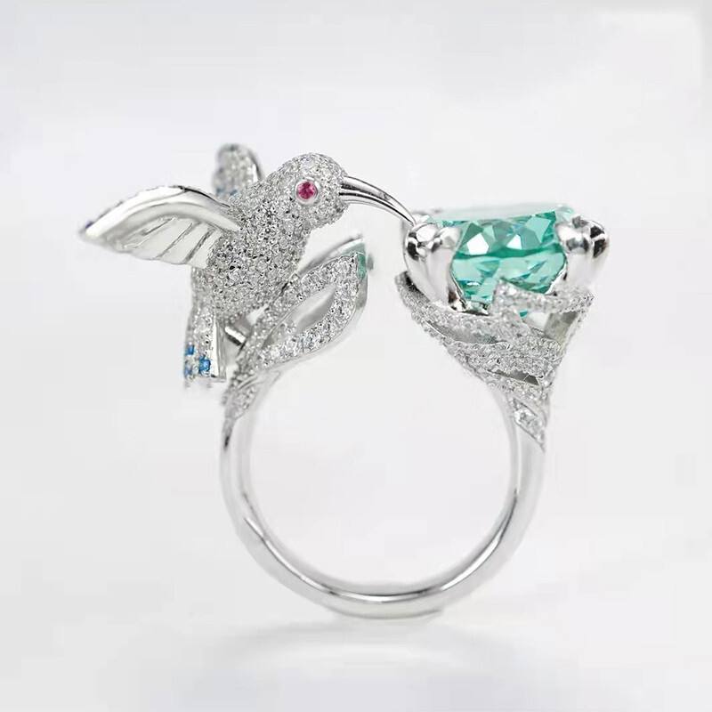 New Hummingbird Oval Paraiba Green Citrine Gemstone Women Girl Charm Silver Ring