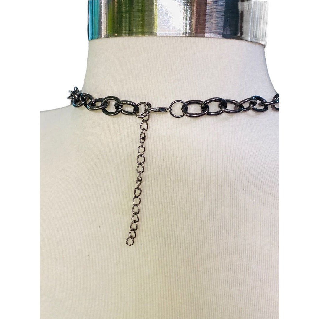 Pewter Color Layered Look Necklace Red Bead Lobster Clasp 27″ Long