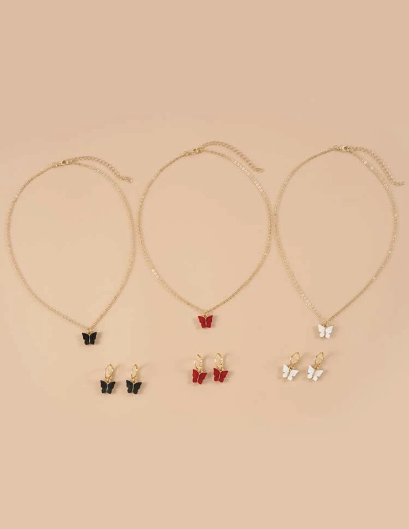 Butterfly Red White Black gold chain Necklace Earrings huggie Set 3PCS UK Gift