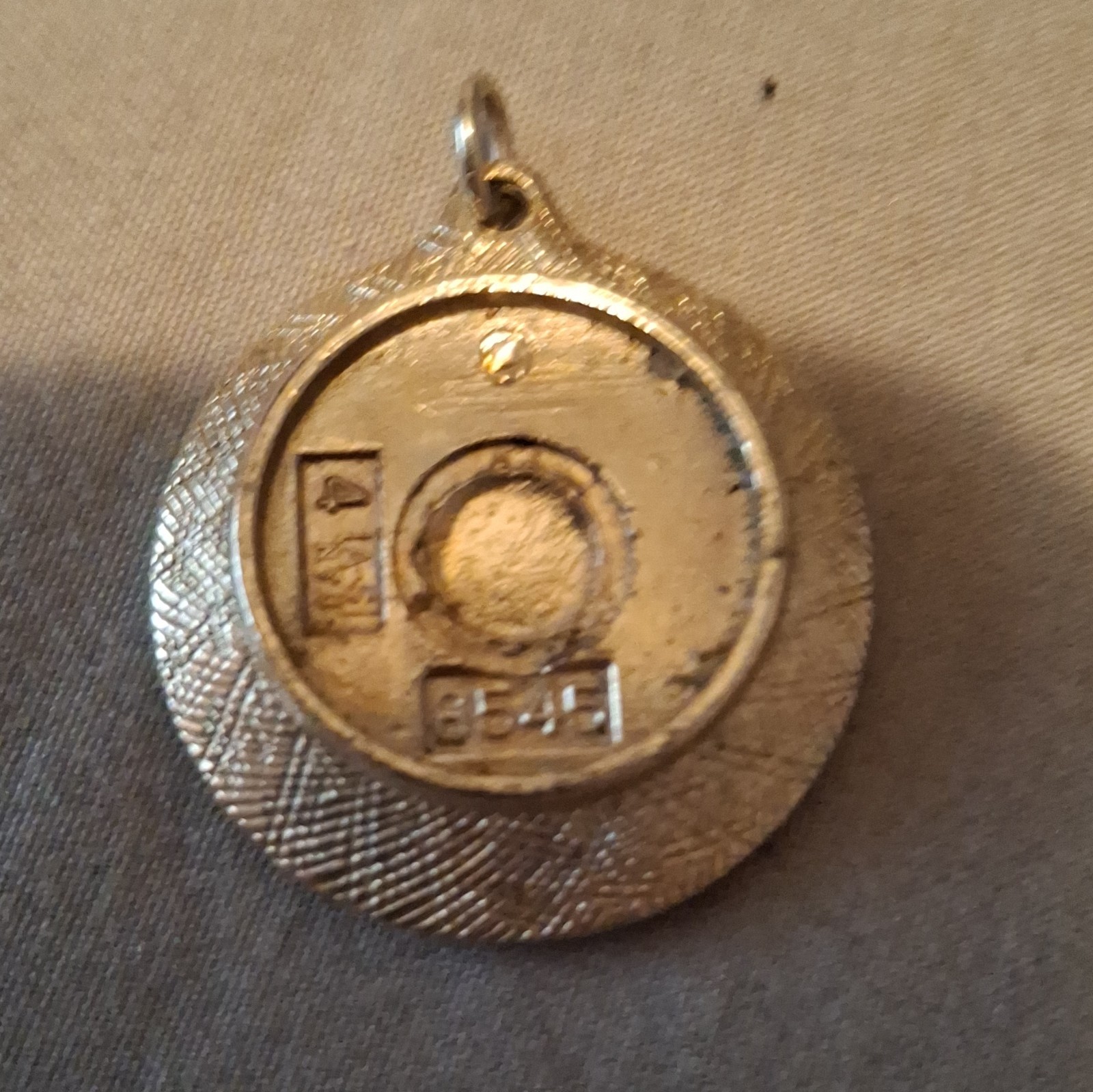 Gold Tone Metal Round Charm Pendant w/ Bail, Signed, No Gemstones
