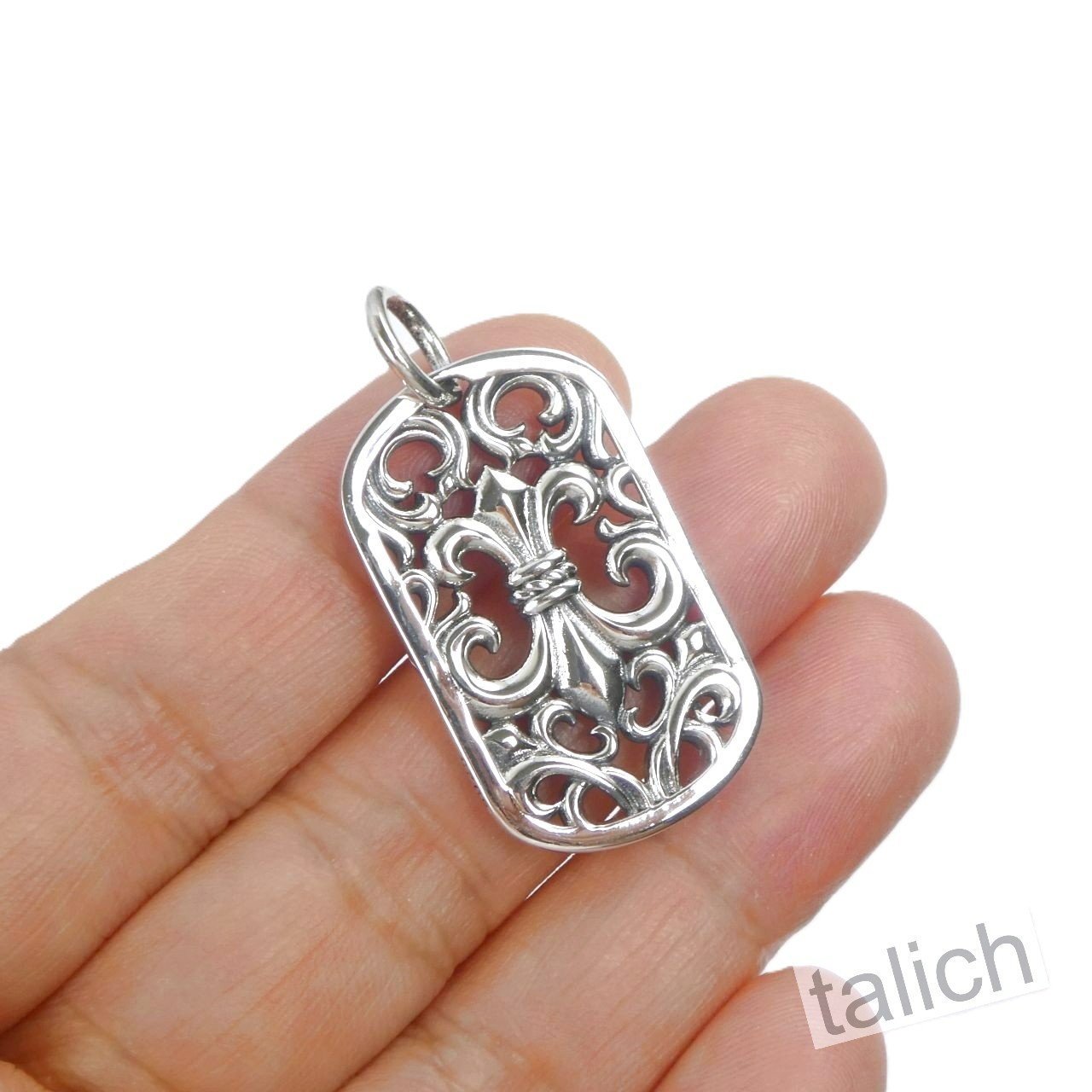 Shiny 925 Sterling Silver Cutout Fleur De Lis Ornate Scrolls Dog Tag Pendant