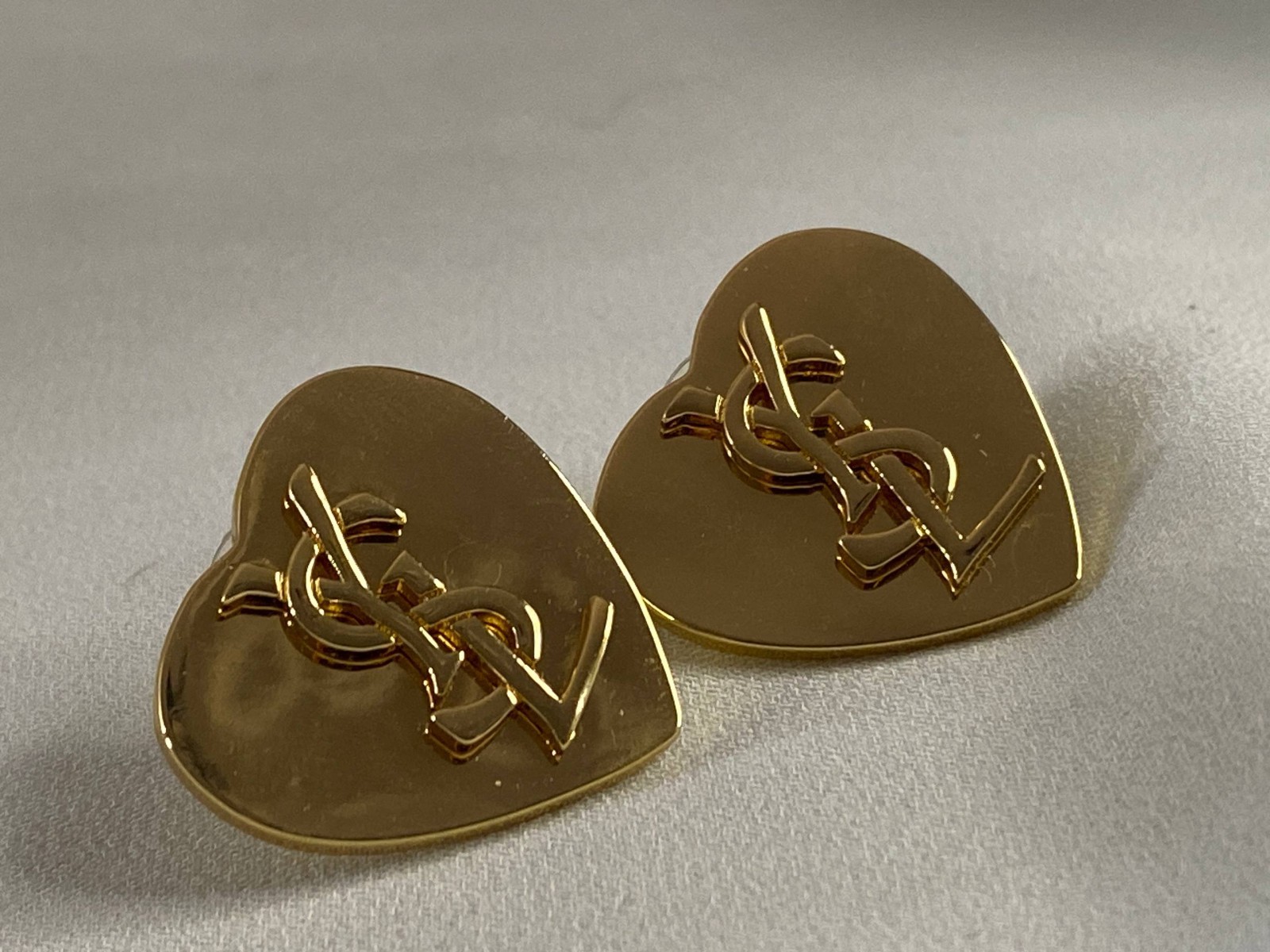 Saint Laurent YSL Gold Tone Heart Logo Stud Earrings Monogram Love Statement