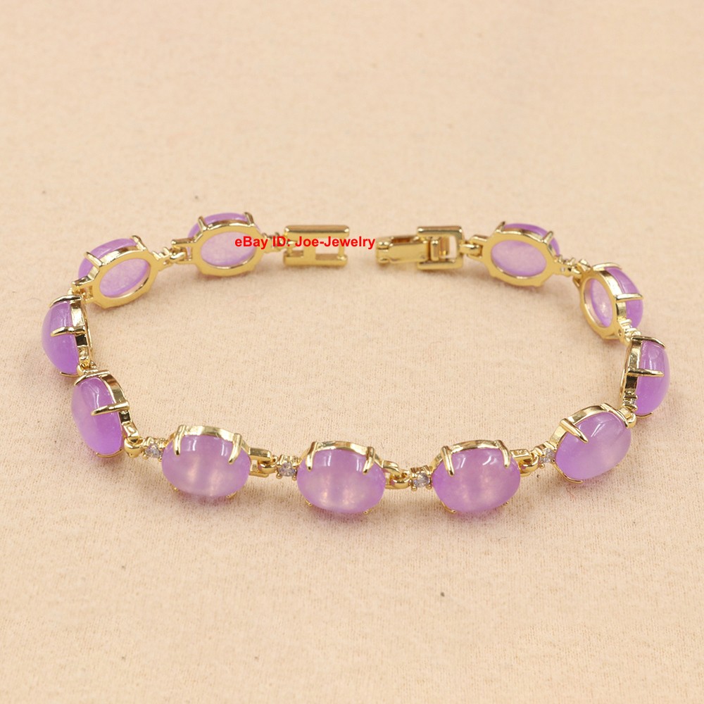 New Yellow Plated Alloy Set 8mm Heated Purple Jade Women’s Bracelet 7.3inch