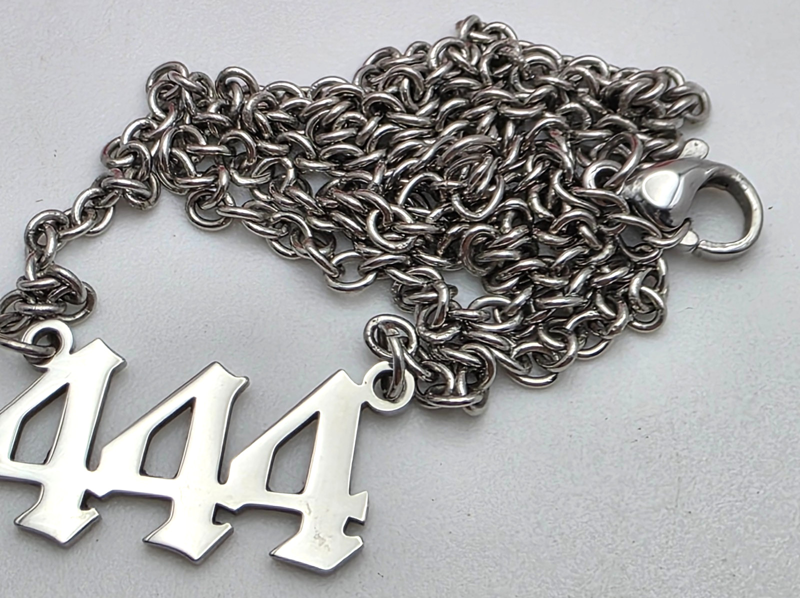 444 Angel Number Necklace Minimalist Silver Tone Old English Style 17 in adj.