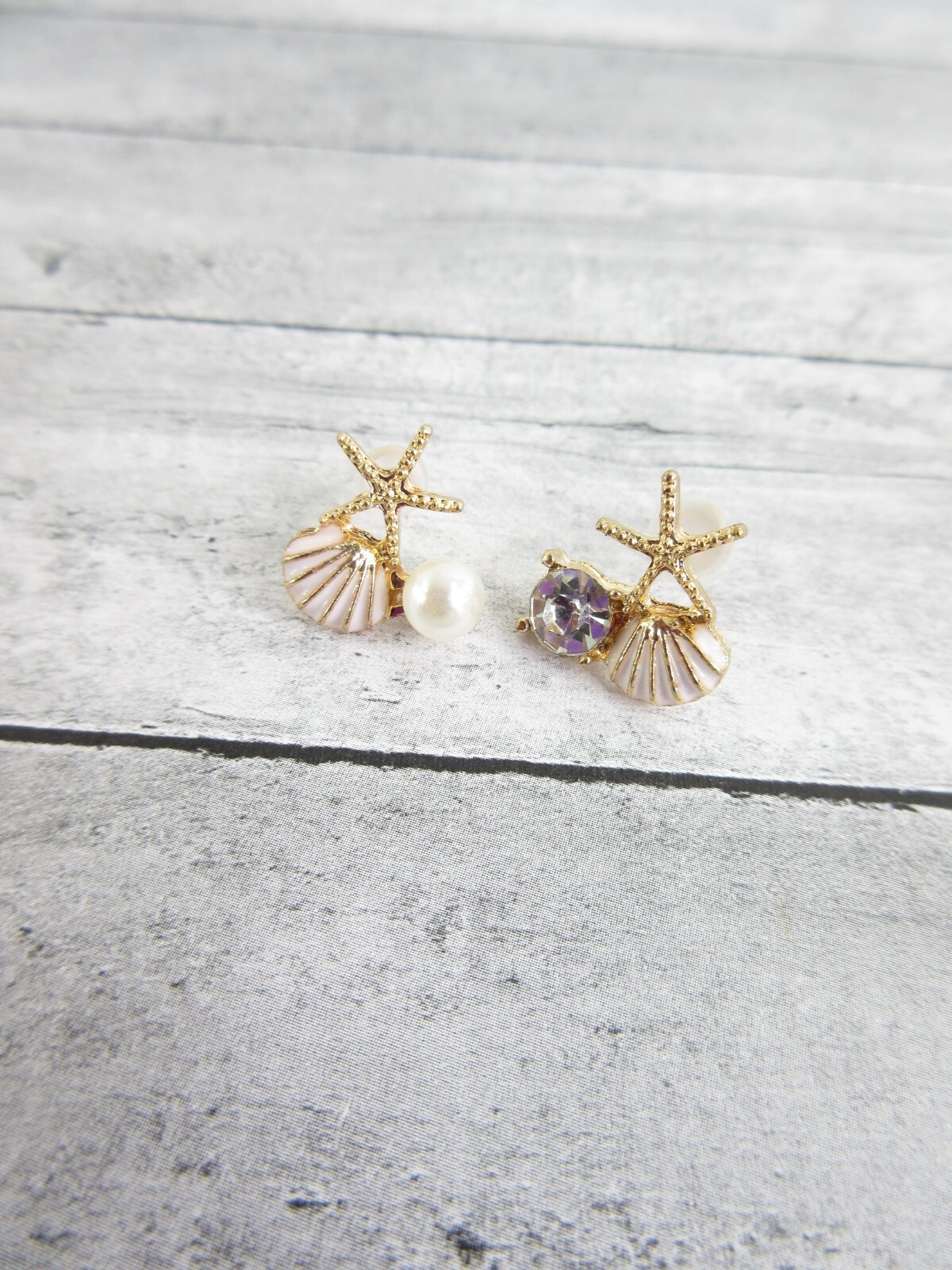 Dainty Seashell Earrings Starfish Rhinestone Pearl Pierced Beach Jewelry Pretty