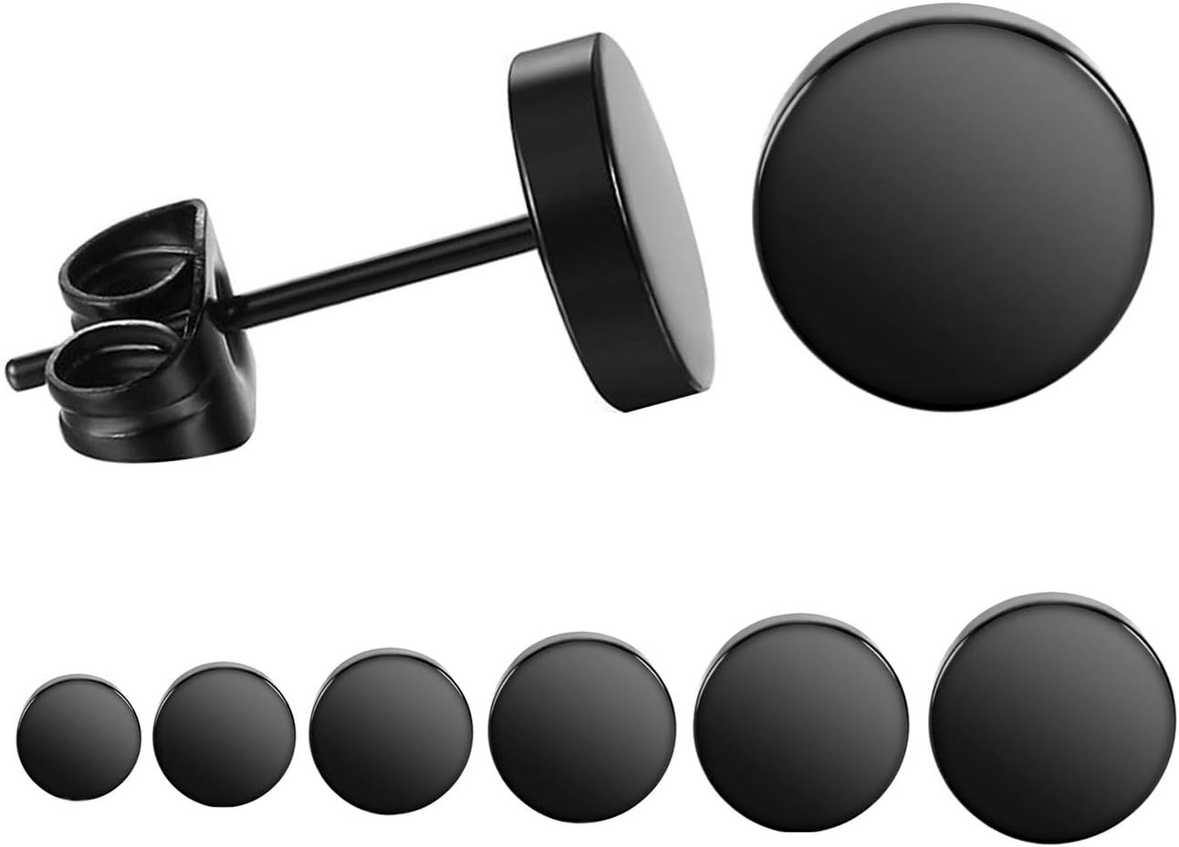 Black round Stud Earrings Set Stainless Steel Ear Studs for Men Women 6 Pairs 3M