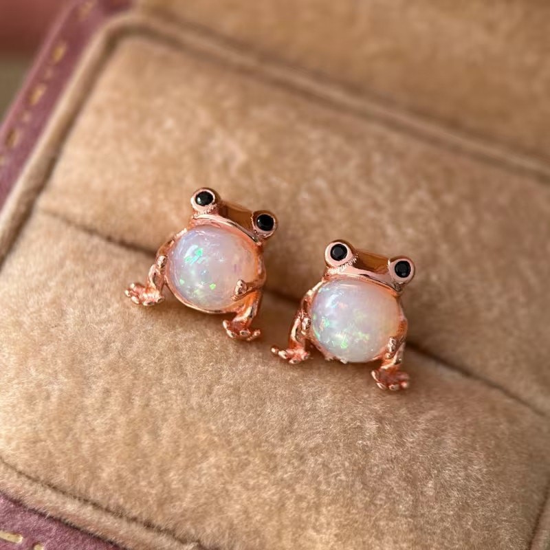 Cute Dainty Rose Gold Frog w/ Faux Rainbow Opal Stud Earrings Animal Jewelry