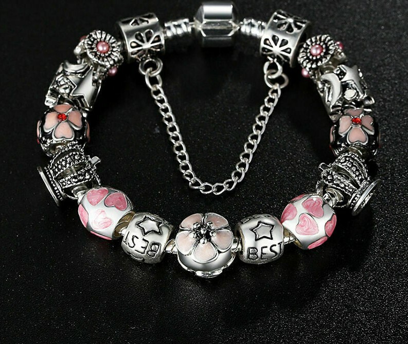 925 SILVER PLATED CHARMS BRACELET W/ FLOWER & HEART BEADS / LENGTH 7.5”