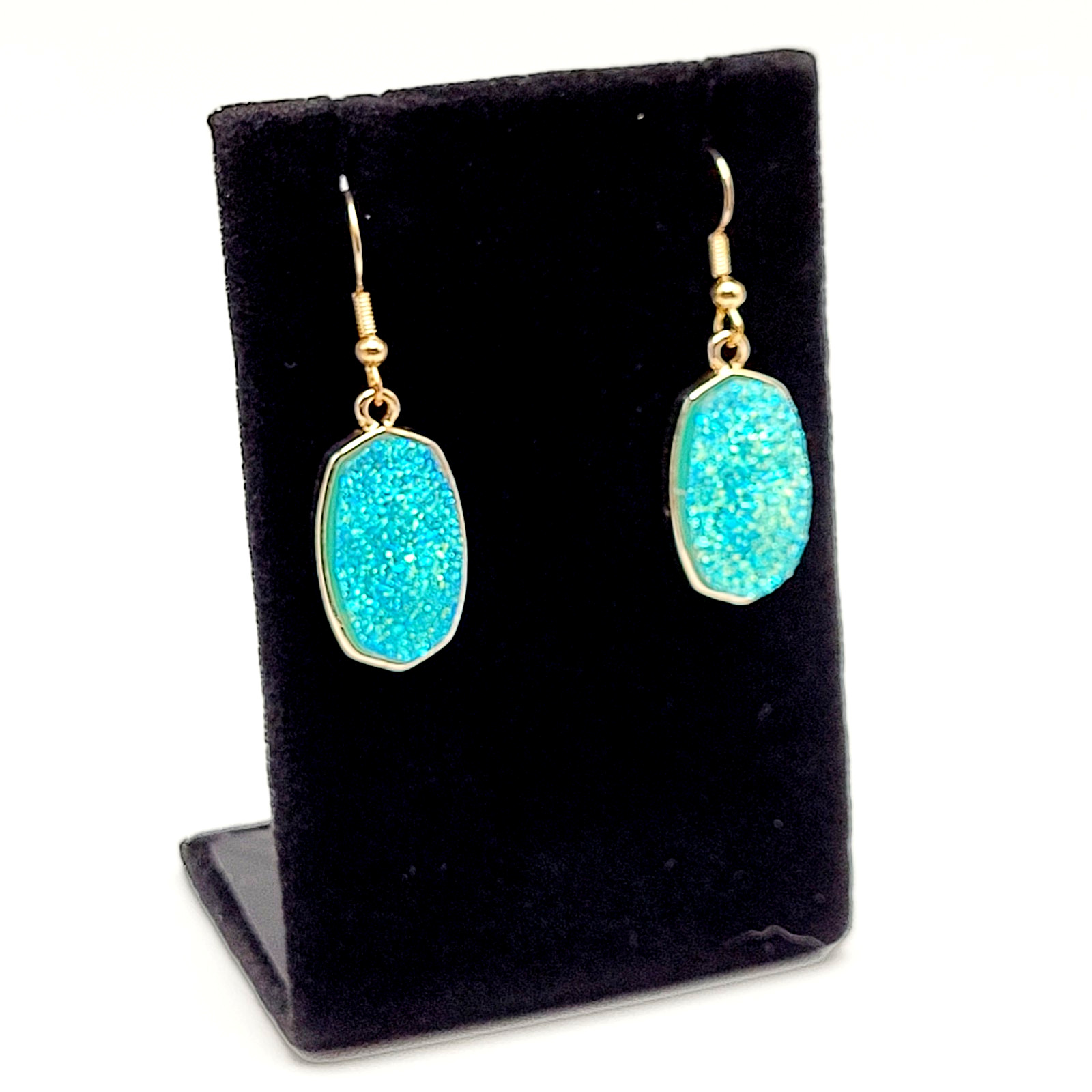 Modern Sparkle Faux Druzy Turquoise Color Gold Tone Pierced Hook Dangle Earrings