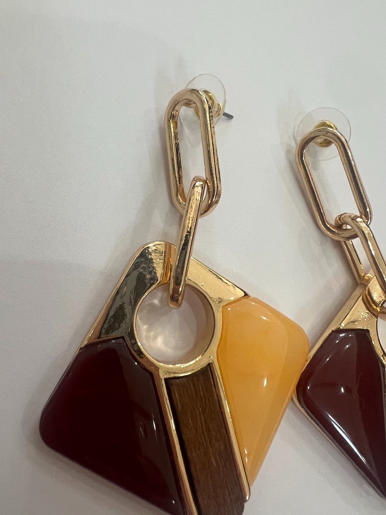 Geometric Earrings Gold Amber Wine Blush Wood 3” Mod Uncas Int Vendor Sample