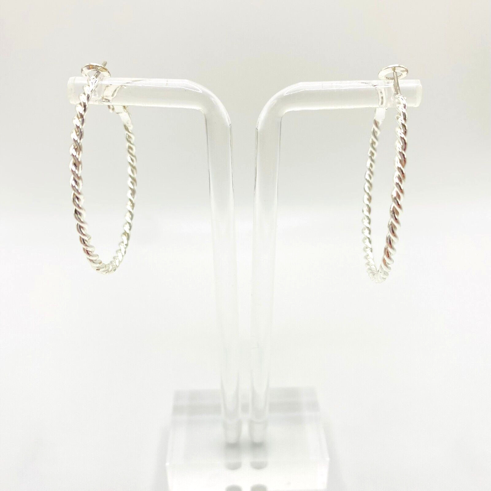 Silver Tone Rope Style Light Hoop Pierced Earrings Approx 1.5”