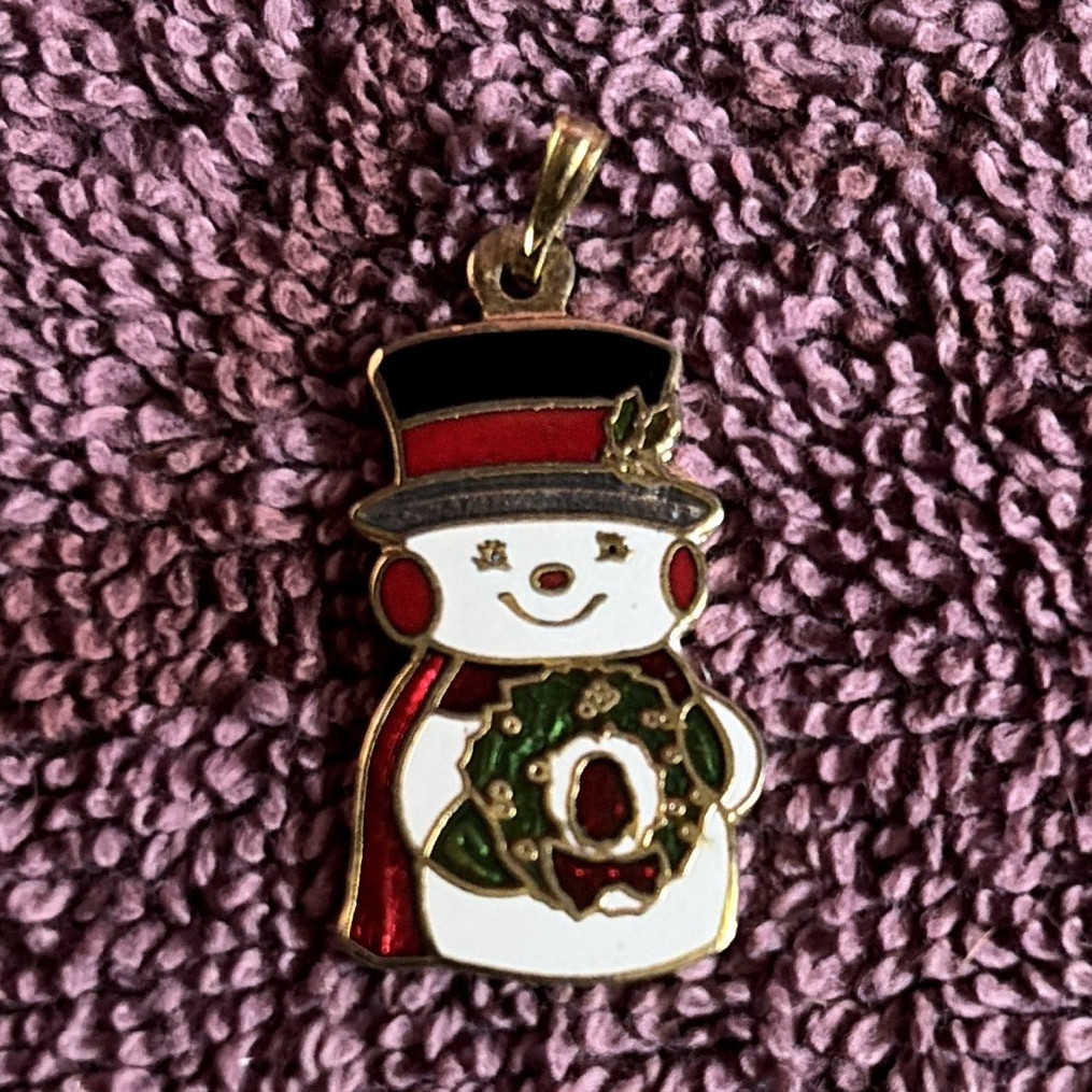 Enamel Snowman Christmas Charm Pendant w/ Bail Gold Tone Red Green White