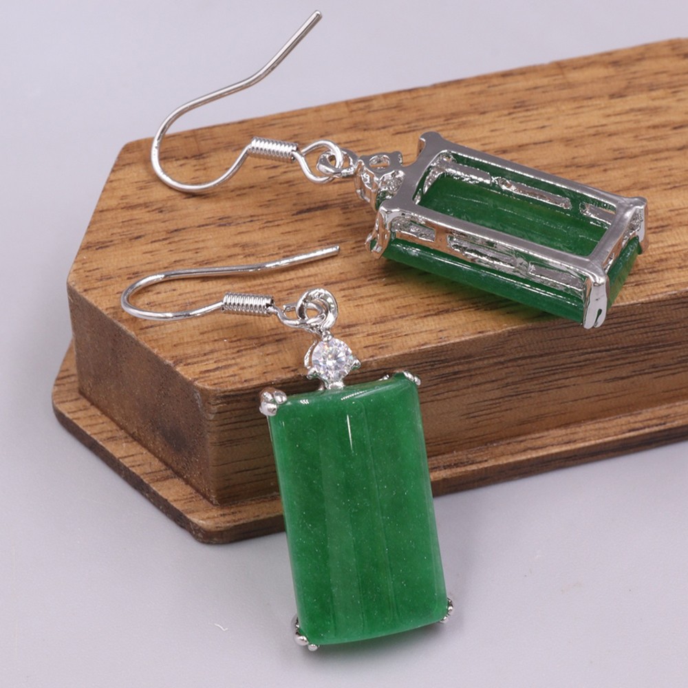 Yellow Plated Alloy Heated Green Jade Rectangle Charm Dangle Earrings 38mm H