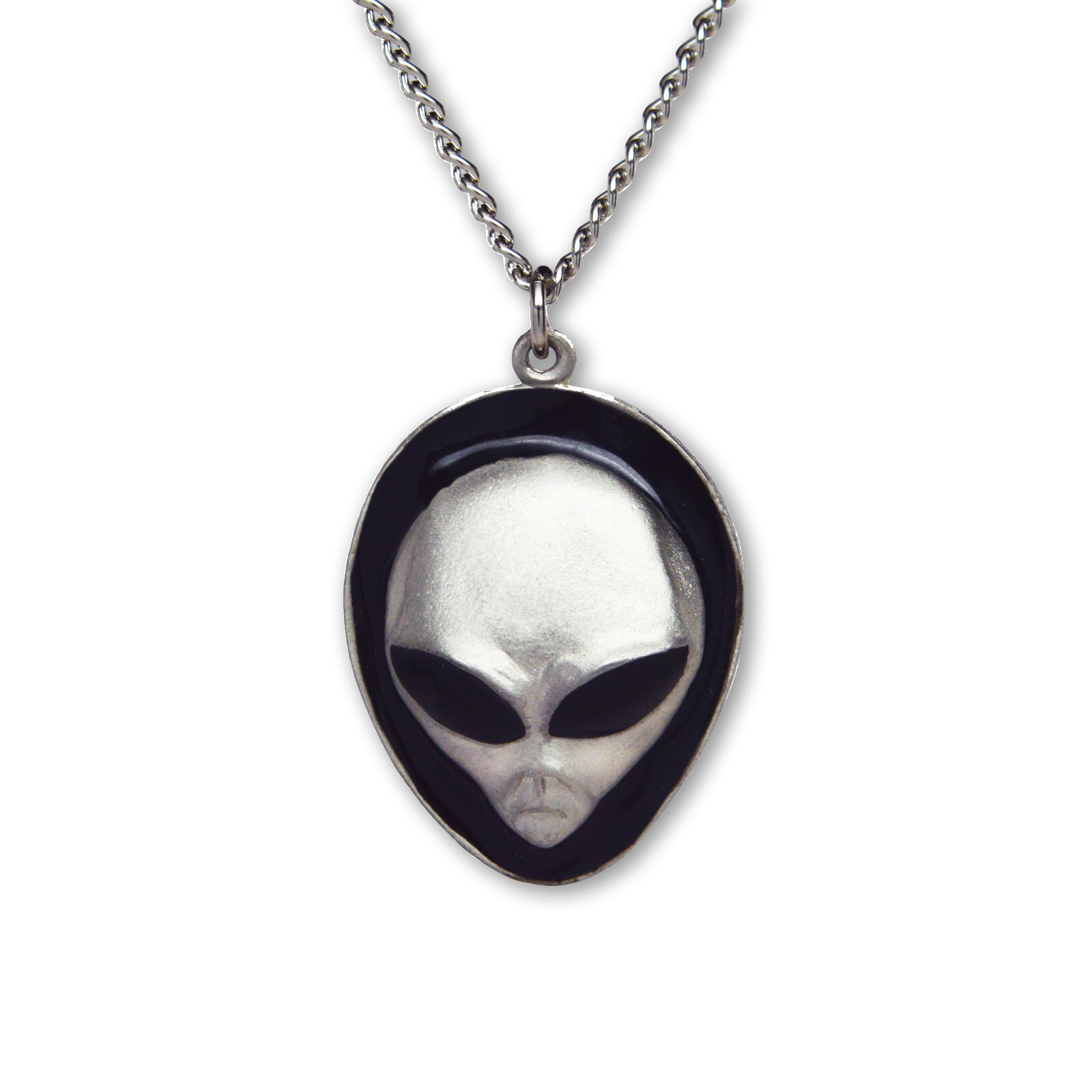 Alien Head with Black Enamel Accents Pewter Pendant Necklace NK-249B