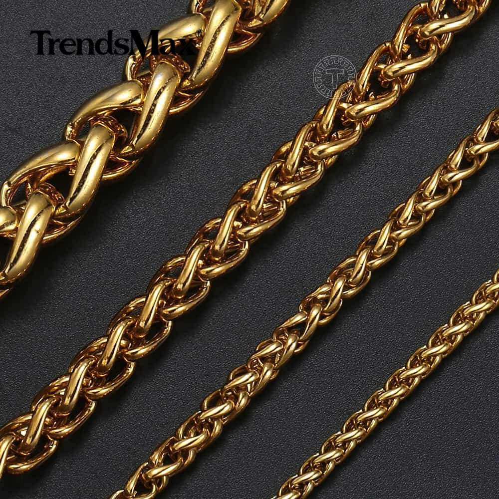 18K Gold Plated Stainless Steel Wheat Braided Chain Necklace Jewelry 3mm – 9.5mm