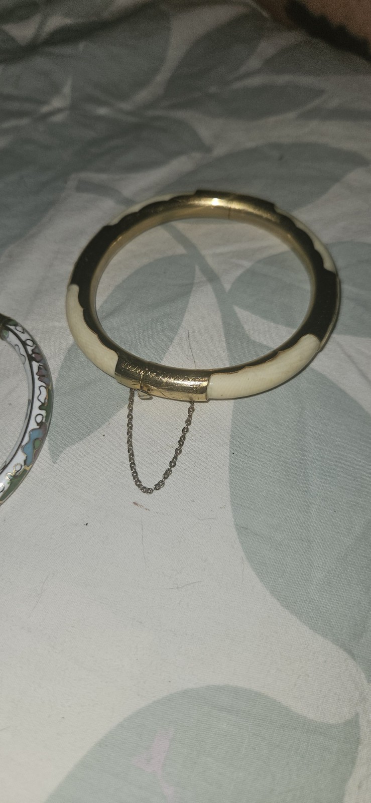 Gold & Ivory Hinged Oval Bangle Bracelet with Safety Chain, 2 Piece Set.