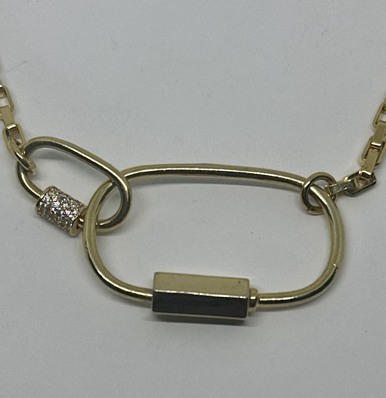 Gold Tone Double Carabiner Rhinestone Lock Pendant 18″- 20″ Necklace Box Chain