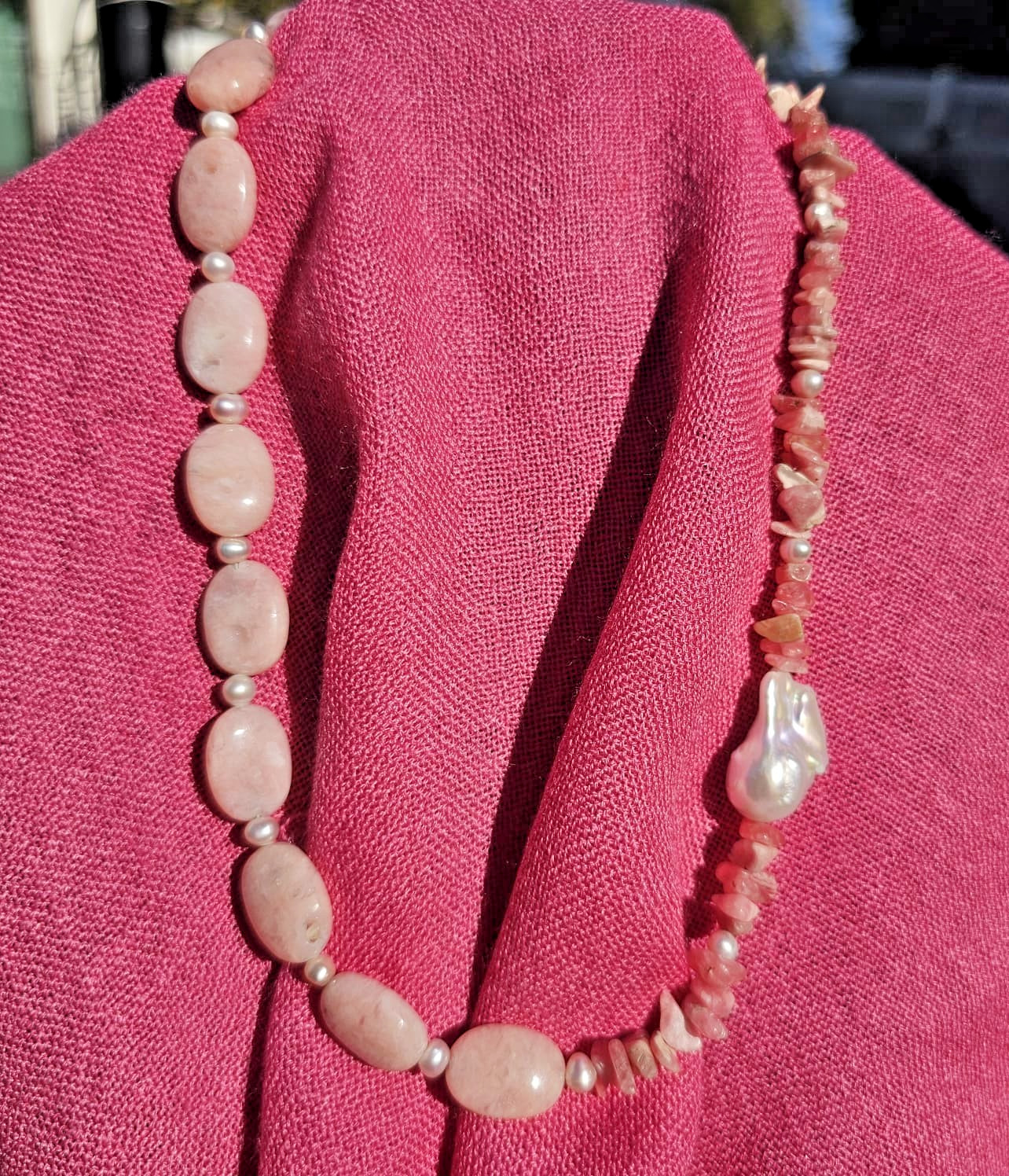Baroque Pearl, Rose Opal, and Rhodochrosite Beaded Necklace, 20.5 in