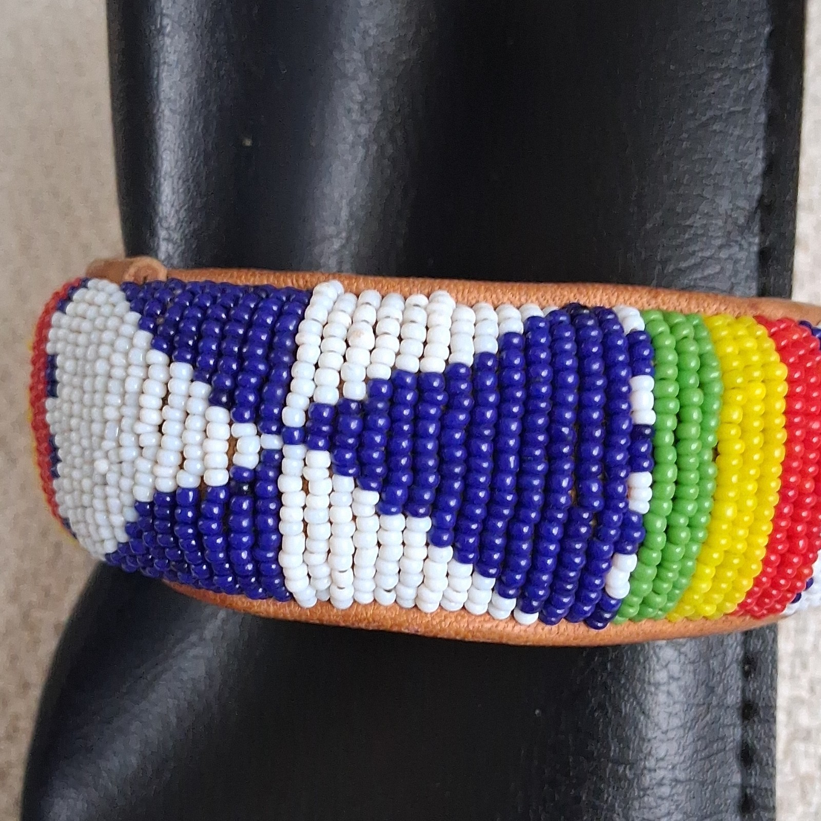 Leather Beaded Bangle Bracelet Multicolor Blue & White Glass Beads Stripe Cuff