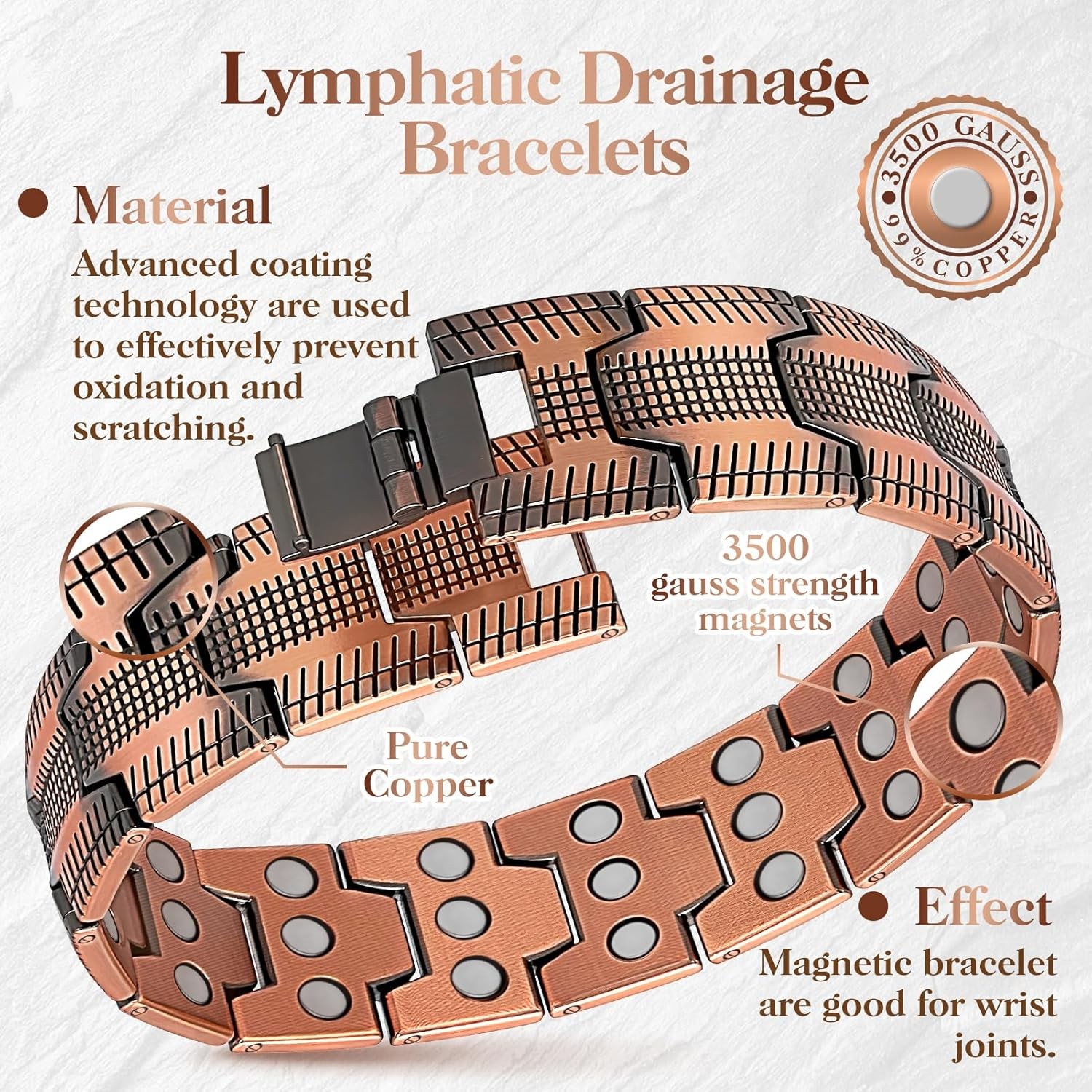 99% Copper Magnetic Bracelet+Ring 3X Arthritis Relief Adjustable w/ Tool & Box