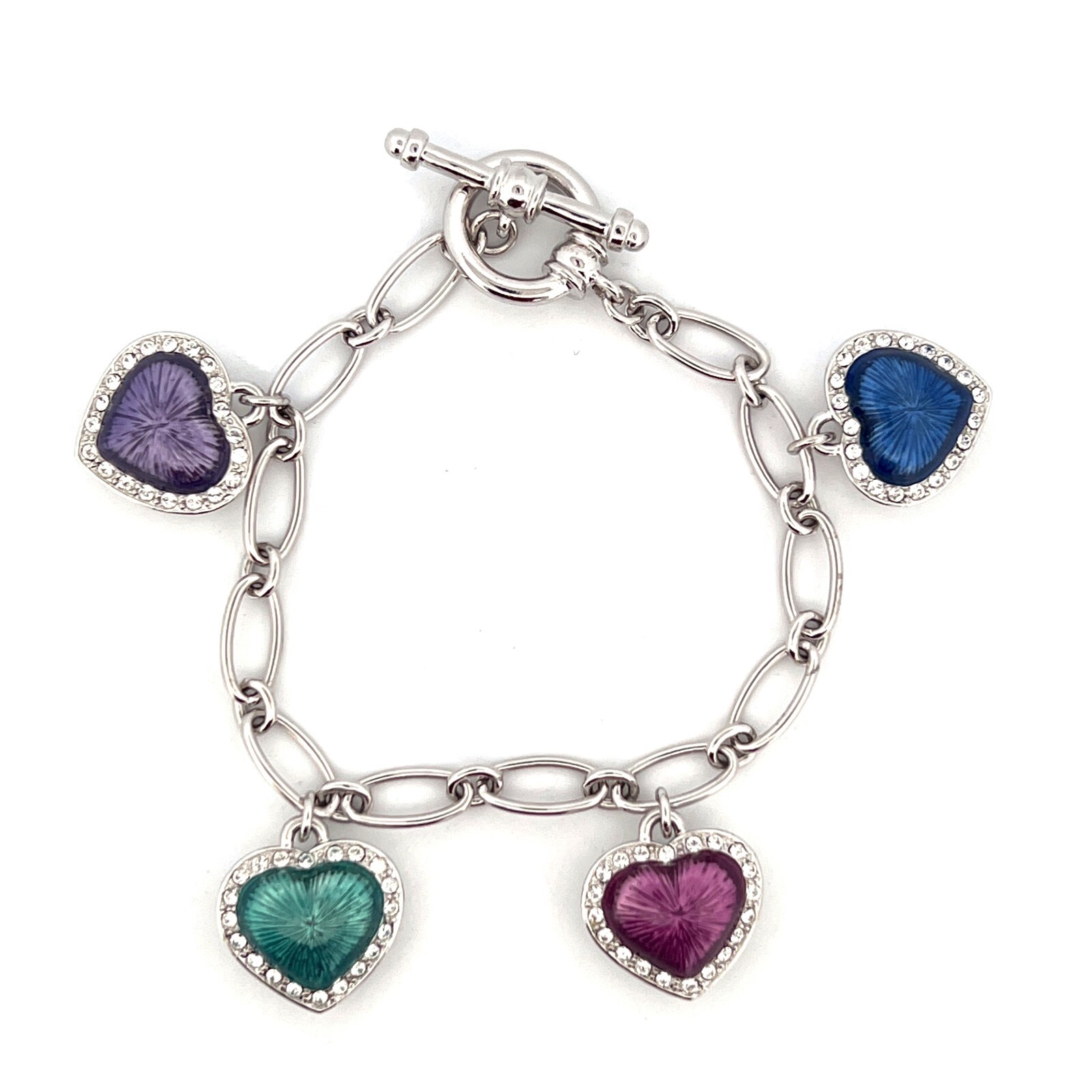 Rhodium Plated Multi-Coloured Heart Charm Bracelet Set With Enamel And Crystals