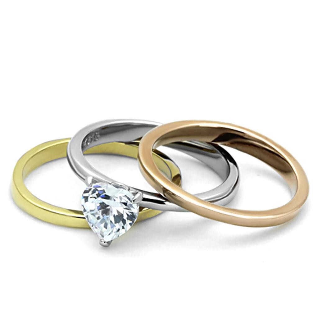 Women’s Heart Solitaire Ring Set, Clear CZ, 14K Gold & Rose Gold Plated