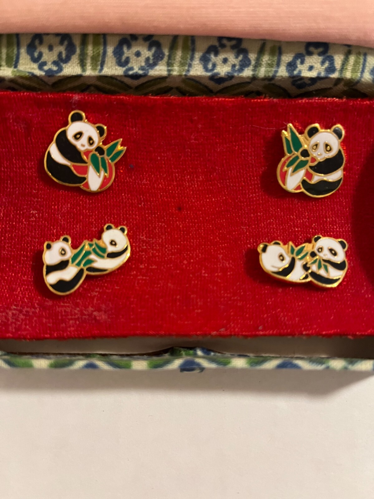 4 PCS -MIXED SHAPES OF PANDA ENAMEL PINS – (approx one cent size each) NEW w/box