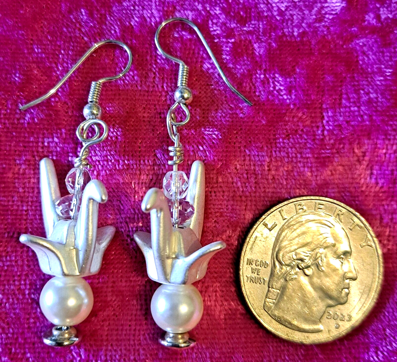 Origami Look Bird Earrings With Crystal and Faux Pearl Metal Earrings
