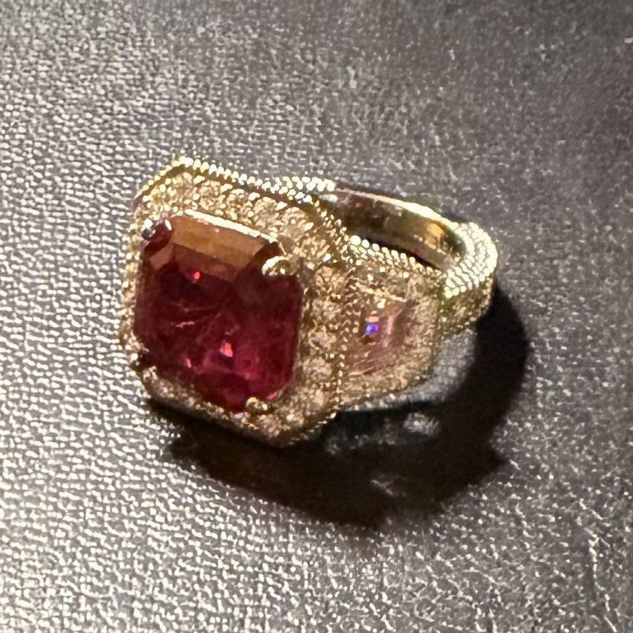 Judith Ripka Lab Ruby, Pink CZ Trapezoid sides, & pave CZ Celebration Ring, Sz 6
