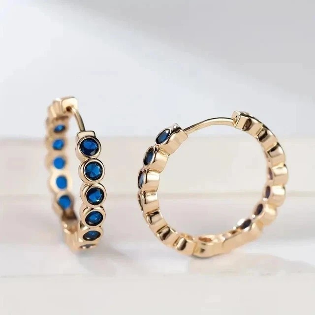 Round Cut Simulated Blue Sapphire Women’s Hoop Earrings In 14k Rose Gold Plated