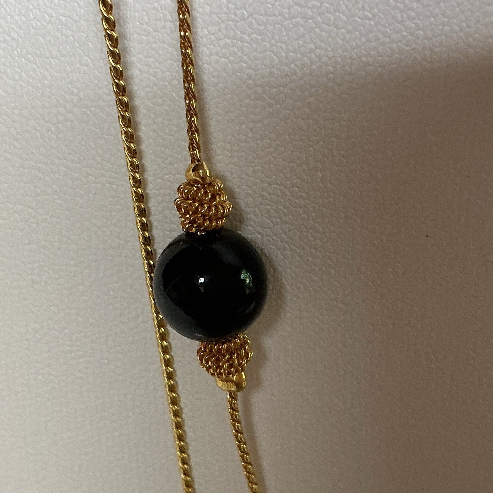 Gold Tone Double Strand Rope Chain Necklace Black Beads Lobster Clasp 42”