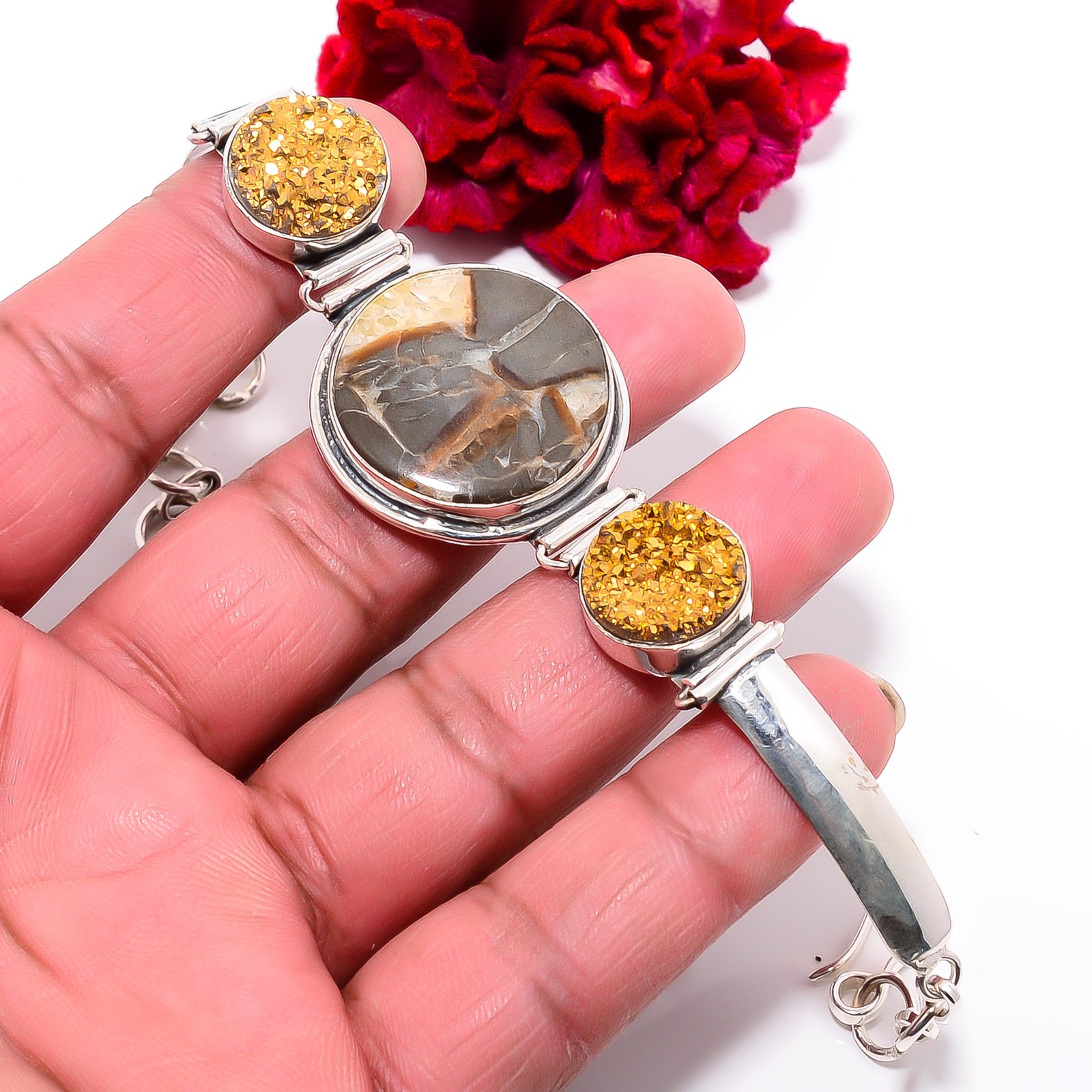 Septarian Stone & Golden Titanium Agate Drusy 925 Silver Bracelet 7.99″ B1001093