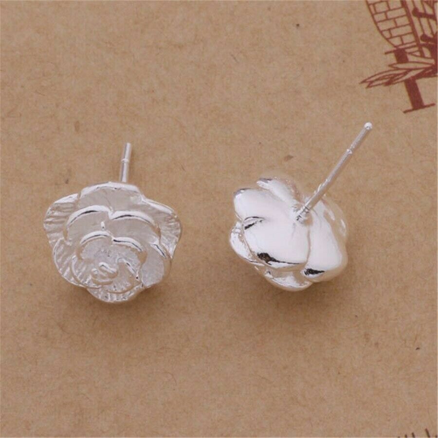 Pretty New Sterling Silver Plated Nicely Textured 3D Flower Stud Post Earrings