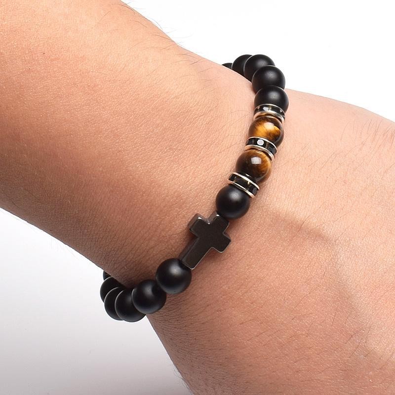 Tiger Eye & Black Agate Beaded Bracelet Men Women Elastic Cross Faith Jewelry