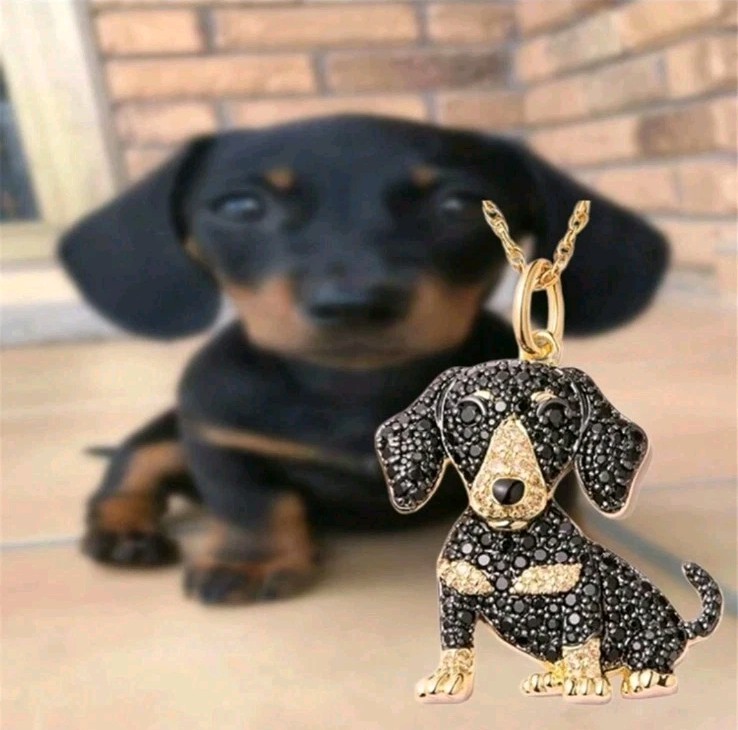 Dachshund Dog Rhinestone Pendant Necklace Dog Lover Gift Golden Toned