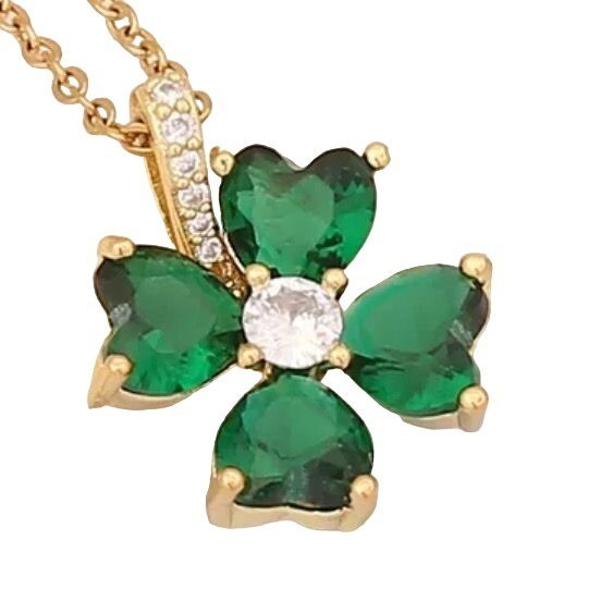 Necklace Pendant Green Glass Clover Shamrock with Clear Crystals