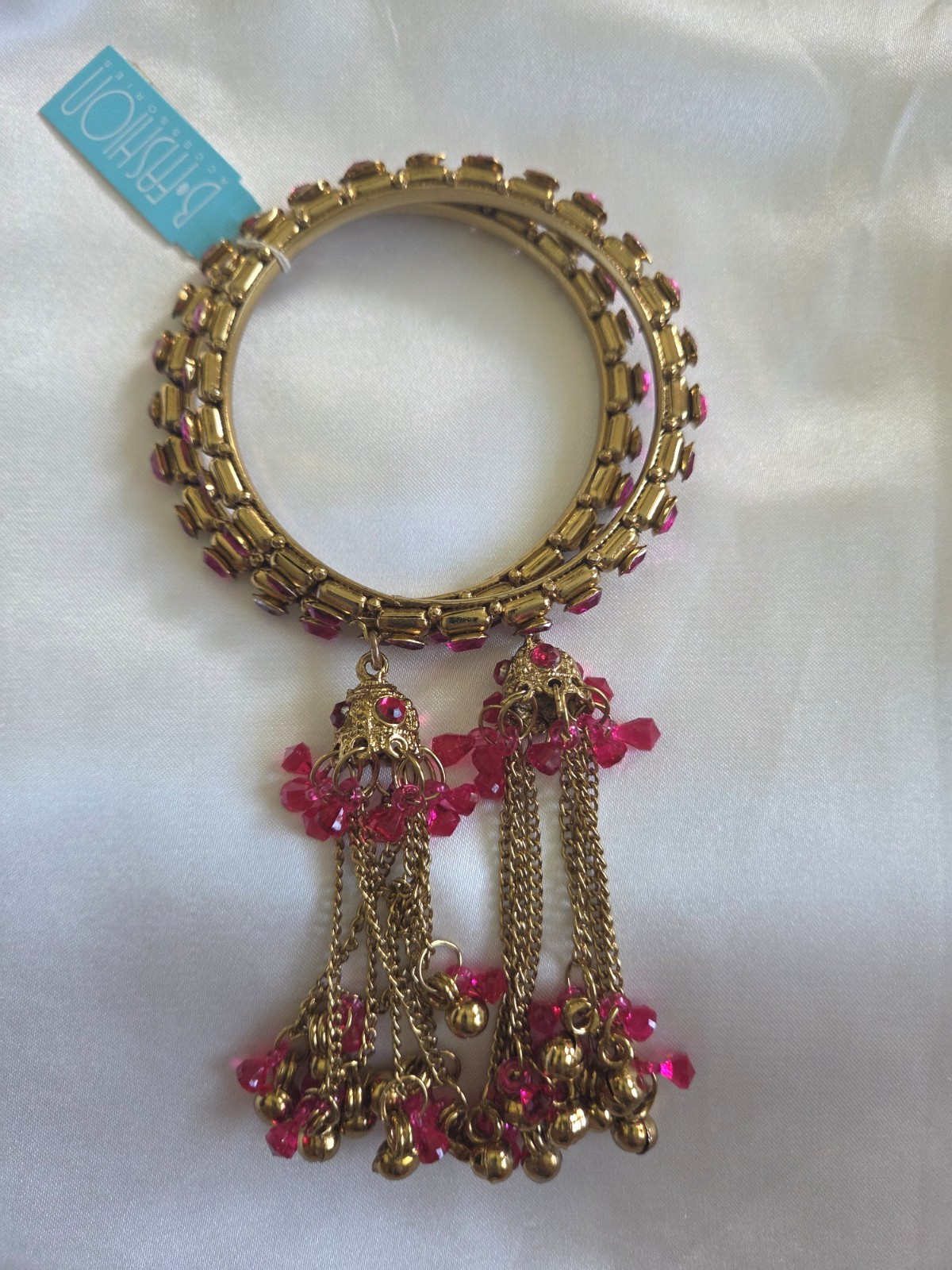 Tassel Bracelet Bangle Pink Fuscia Boho Beaded Goldtone Set Of 2 Small Diameter