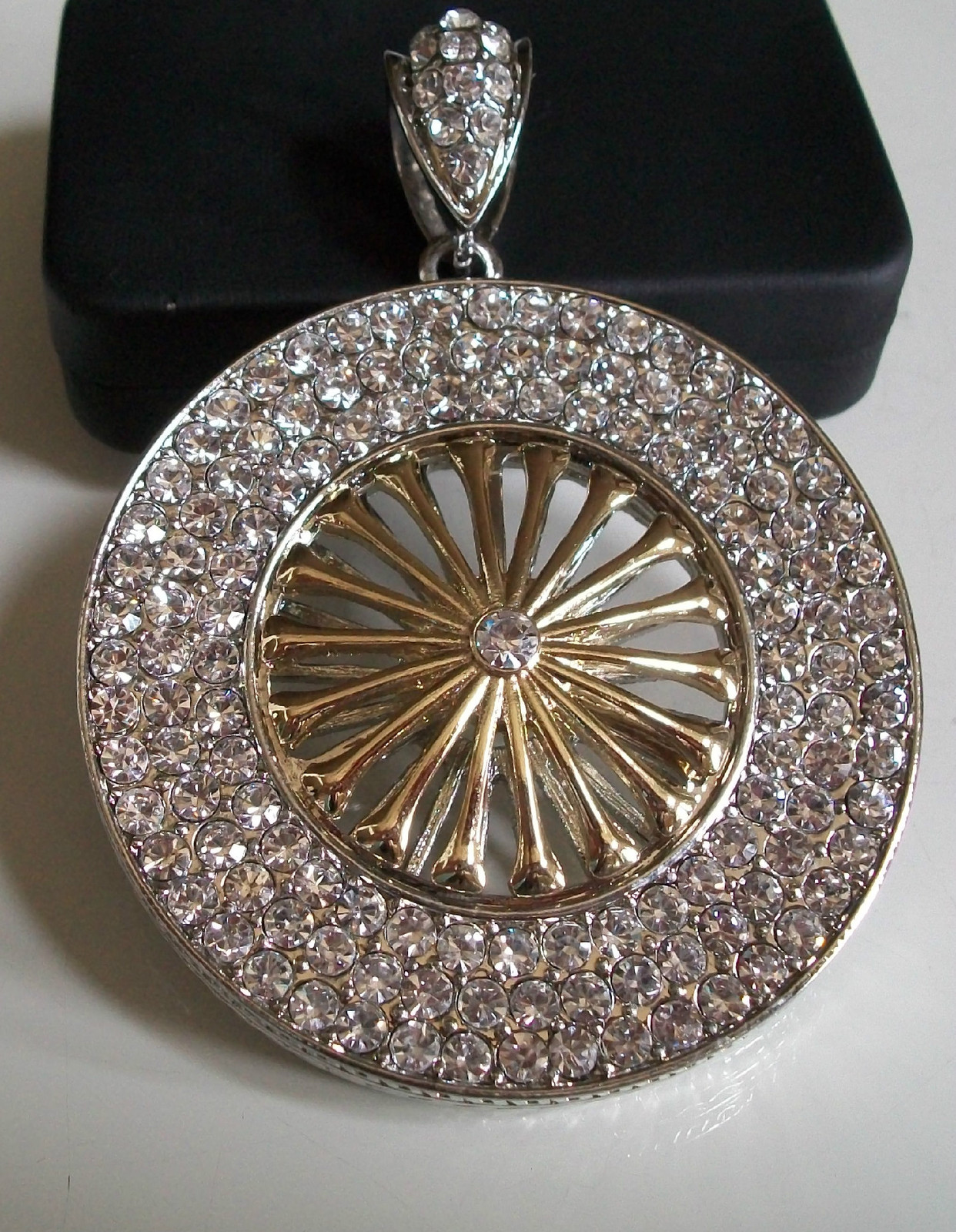 Men Silver & Gold Finish Stones Spinning Wheel Fashion Dressy Hip Hop Pendant