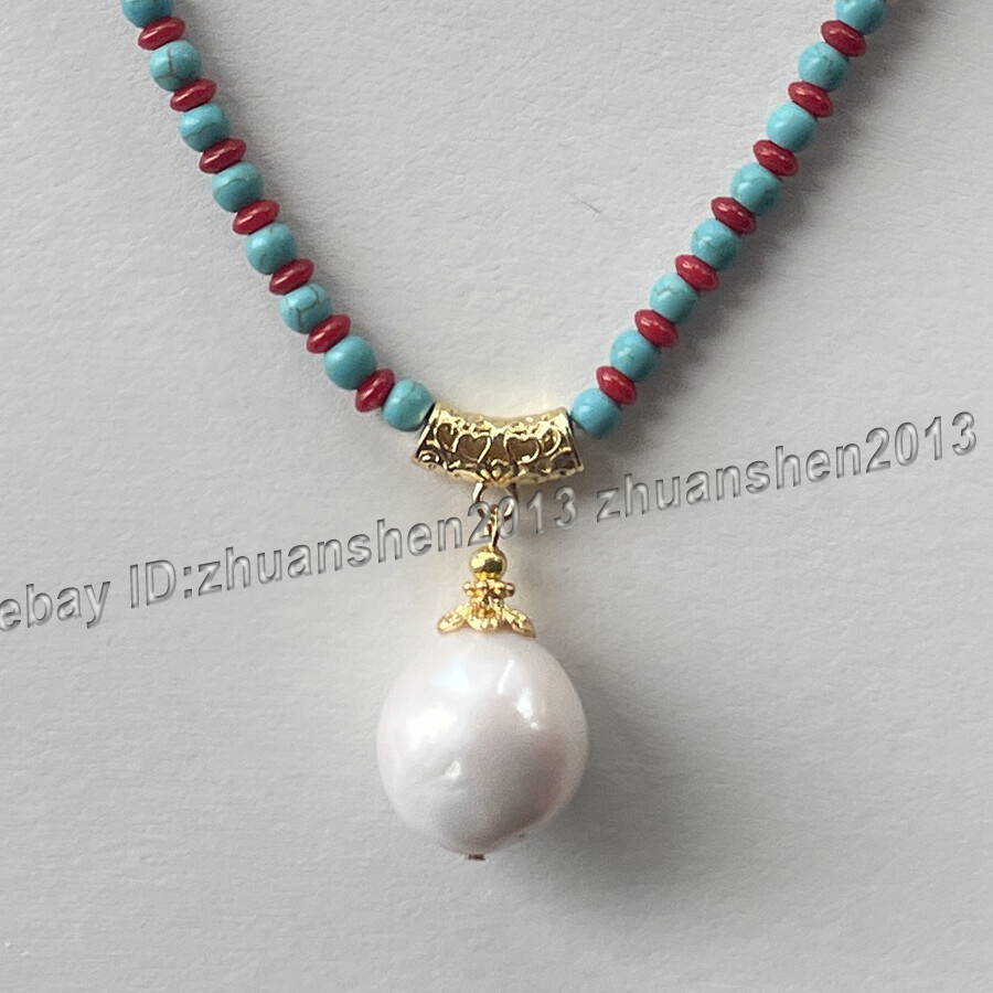 2x4mm Red Coral & Blue Turquoise Gems White Edison Pearl Pendant Necklace 14-36″