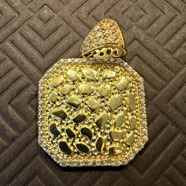10K Yellow Gold Nugget Pendant Octagon Pave Accent Stones 3.00g Real Gold