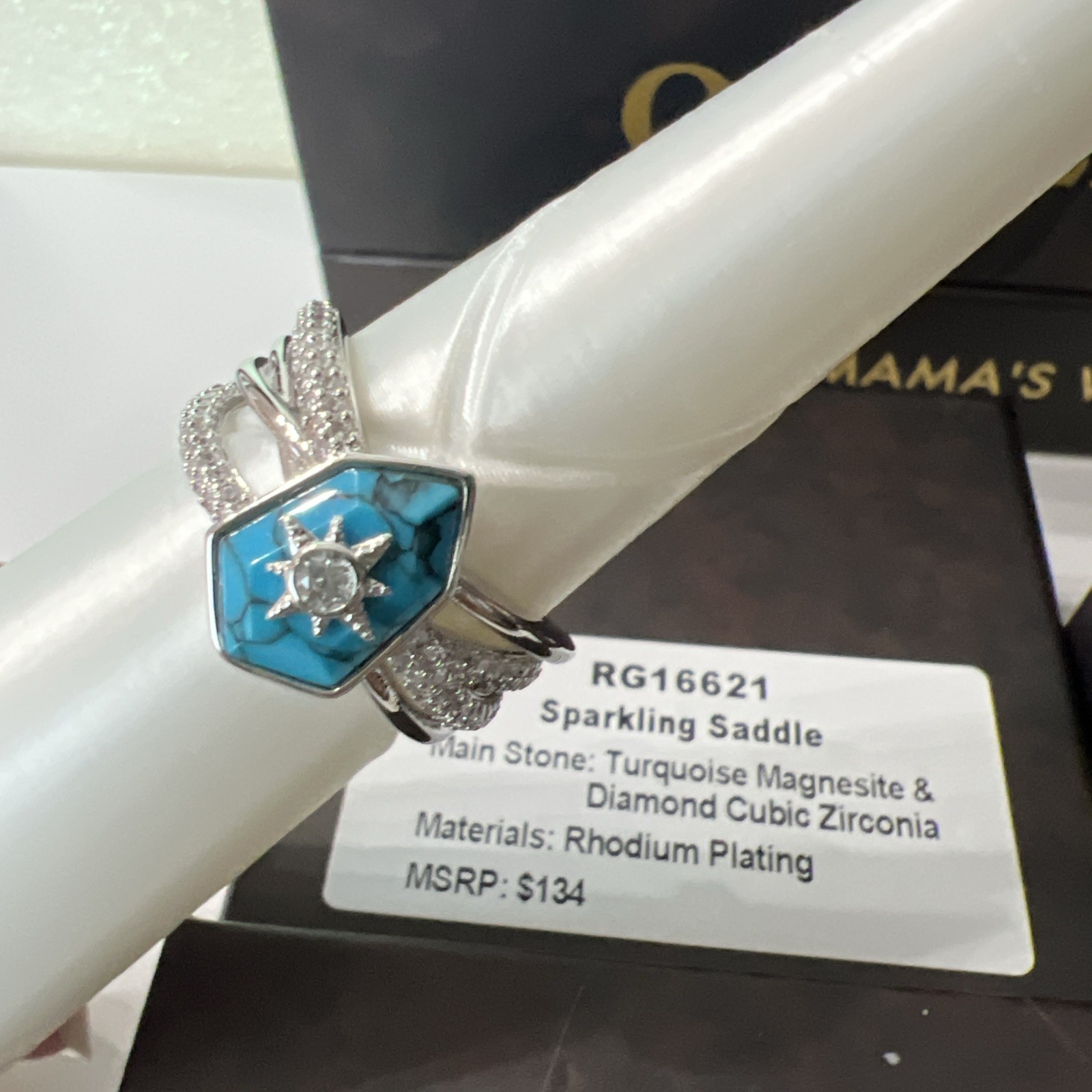 Bomb Party Outlaw Ring size 9 “Sparkling Saddle “ Turquoise Magnesite Rhodium