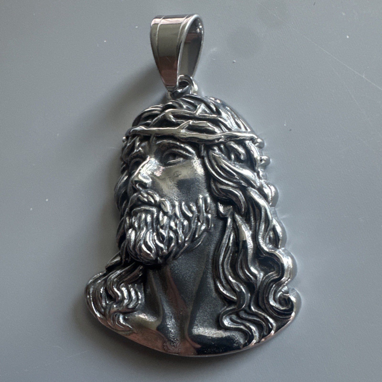 Silver Tone Jesus Head Pendant Prayer 24 Inch box Necklace Unisex Gift Catholic