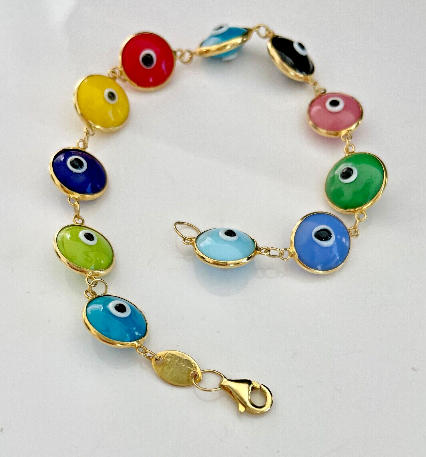 Multi Color Evil Eye Glass Bead Bracelet Gold 925 Sterling Silver Bracelet 71/2″
