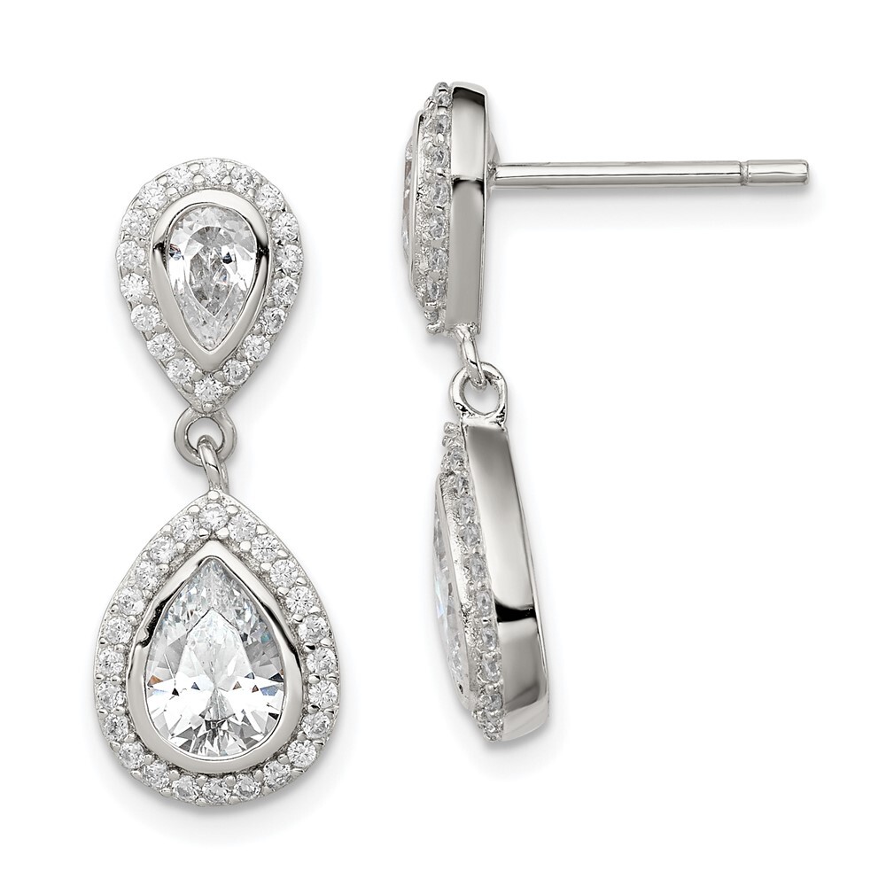 23mm Sterling Silver Polished CZ Pear Halo Post Dangle Earrings