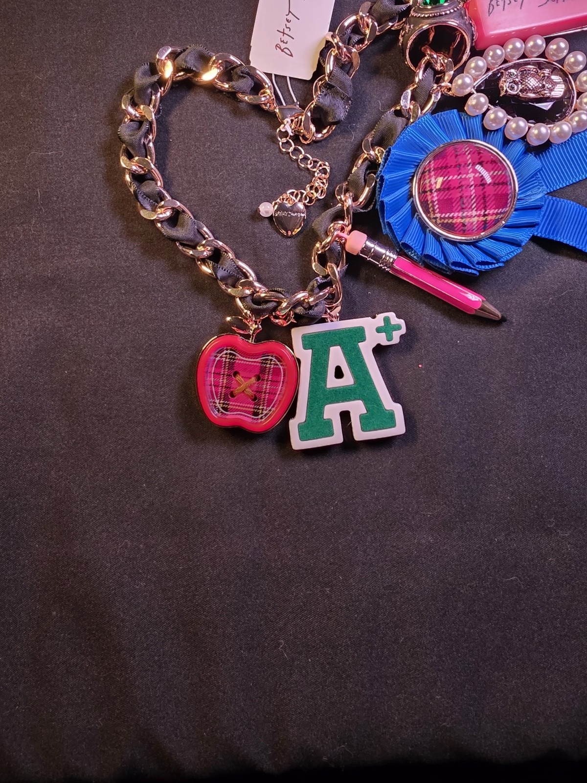 Betsey Johnson necklace Charm School blue ribbon A+ pencils apple owl goldtone