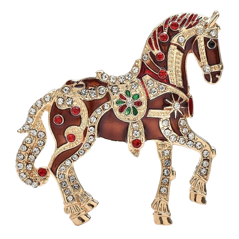 2pcs Horse Brooch Pin Set Red White Enamel Rhinestone Gold Tone Animal Jewelry