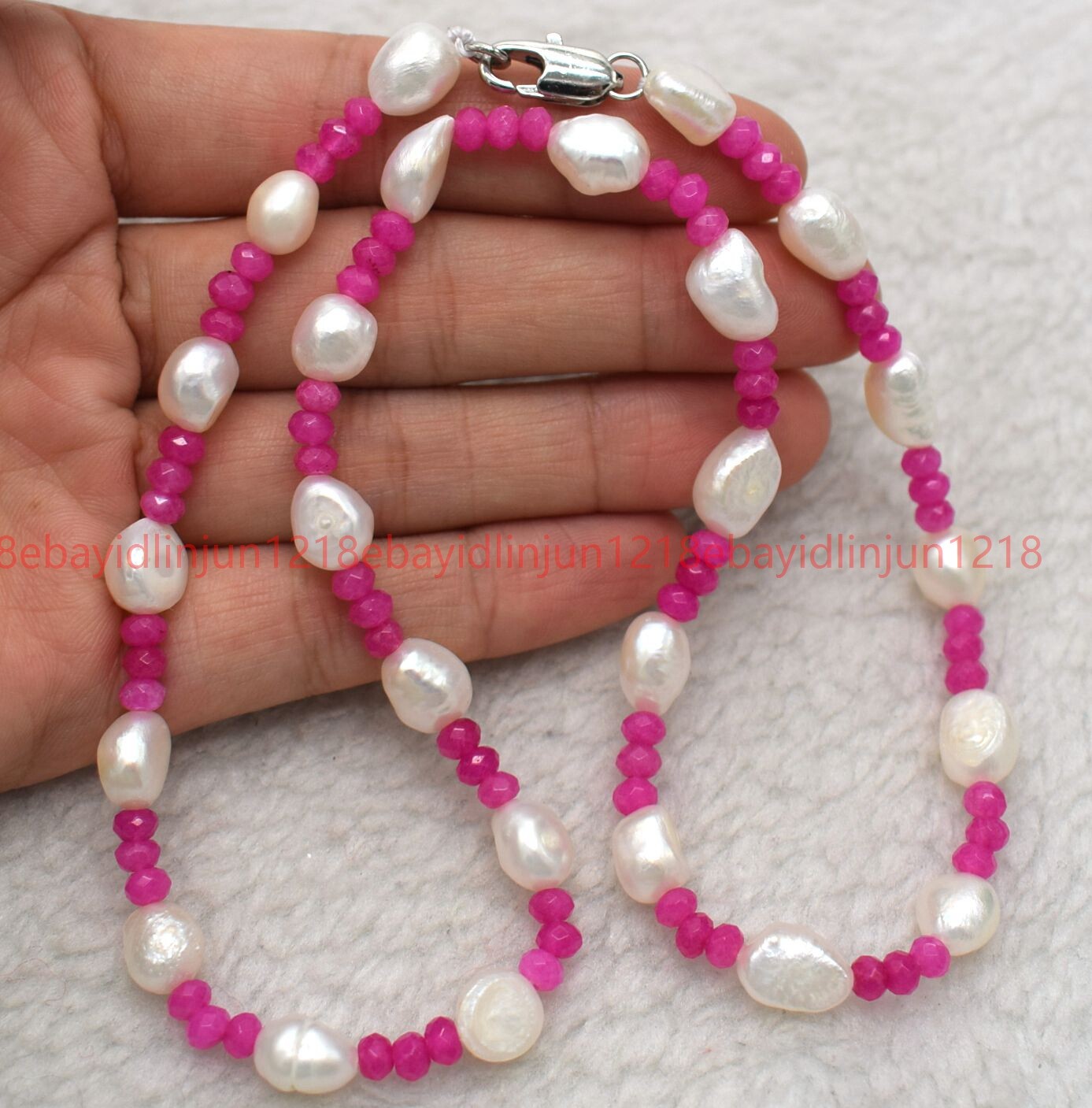 7-8mm White Freshwater Baroque Pearl 2x4mm Rose Red Jade Beads Necklaces 18”