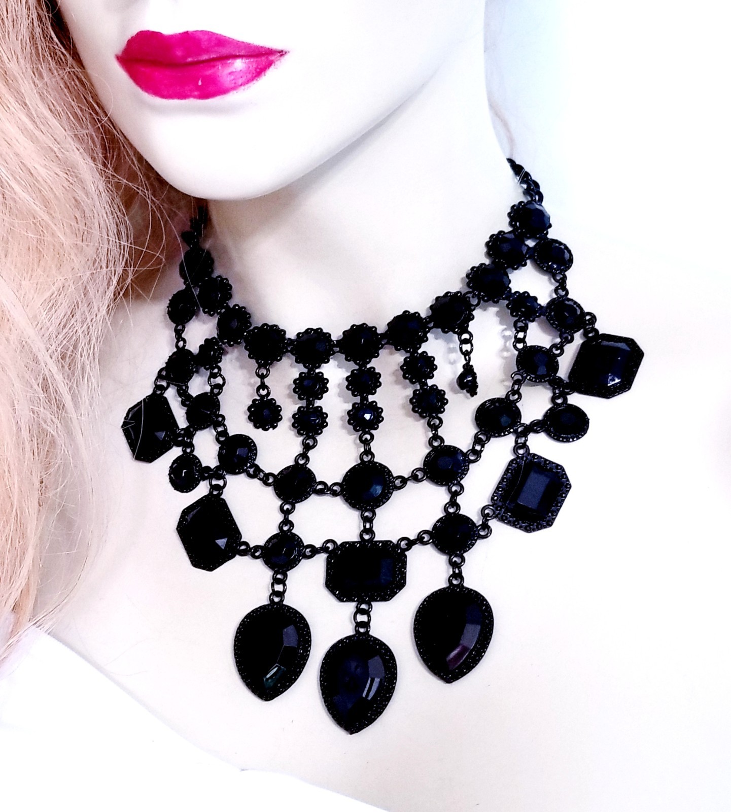 Black Statement Choker Rhinestone Resin Necklace Bridal Prom Pageant Gothic